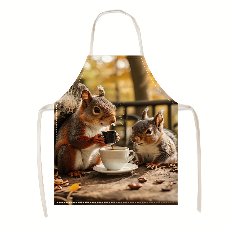 Kitchen Baking Area Ideas - Leinen-Schürze mit Eichhörnchen-Kaffee-Szenerie-Druck für Küche, Kochen,
