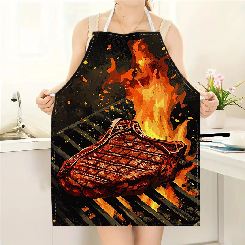 Kitchen Baking Area Ideas - 1 Stück BBQ-Steak-Schürze mit Flammen-Grill-Print, Küchen-Kochschürze,