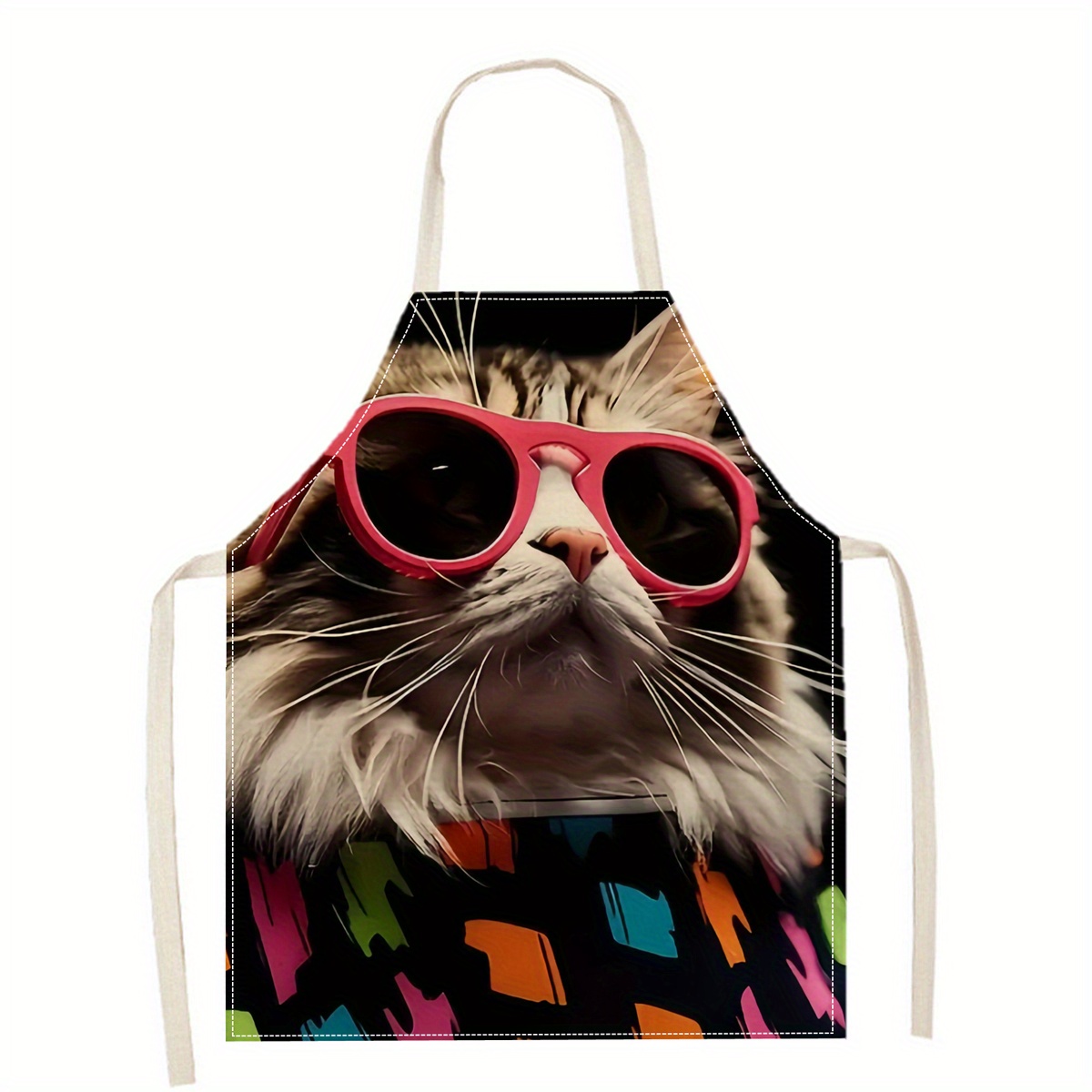 Kitchen Baking Area Ideas - Leinen-Schürze mit Lustigem Katzen-Sonnenbrillen-Print für Küche,
